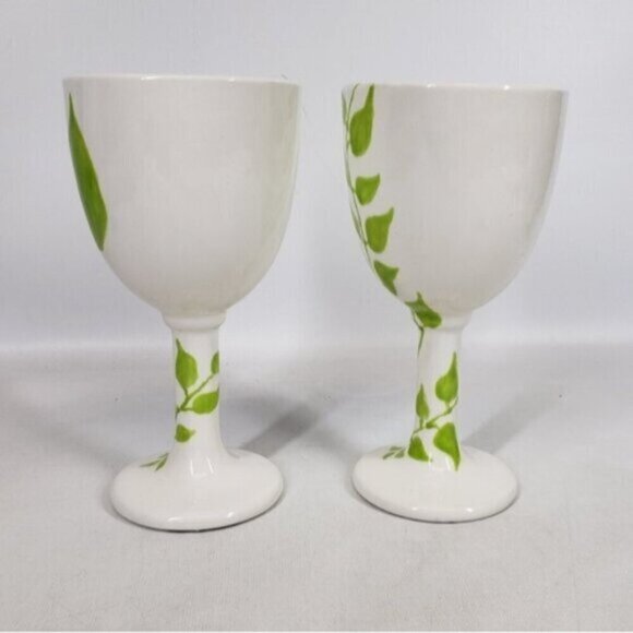 Hand Painted Ceramic Wine Glasses Goblets 12 oz White Glazed Botanical S… - Picture 6 of 13